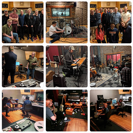 A grid of nine photos of artists, engineers, and visitors at Electrical Audio — group portraits, tracking sessions, and the live room in use