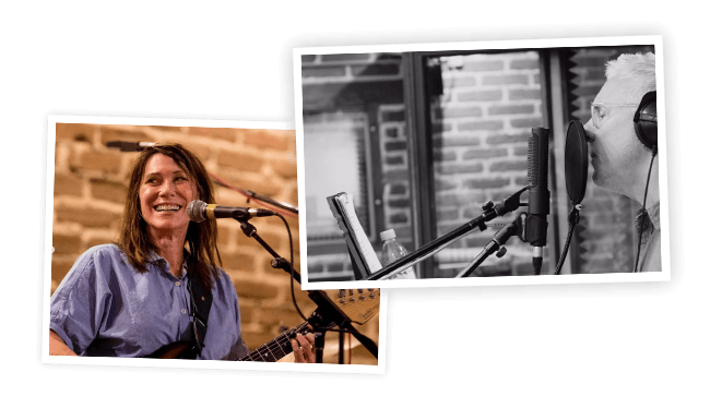 Artists recording at Electrical Audio — a musician singing while playing guitar, and an engineer tracking vocals at the mic
