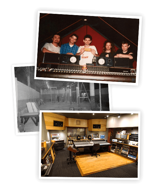 Electrical Audio through the years — team photo behind the console, the warehouse during build-out, and the current control room