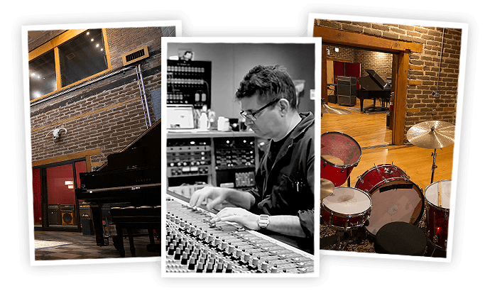 Three photos of Electrical Audio — Studio B with grand piano and brick walls, Steve Albini at the mixing console, and a drum kit in the live room